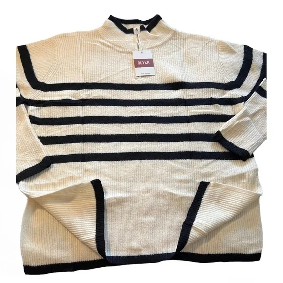 Striped Half Zip Side Slit Relaxed Casual Pullover Sweater - Picture 14 of 16